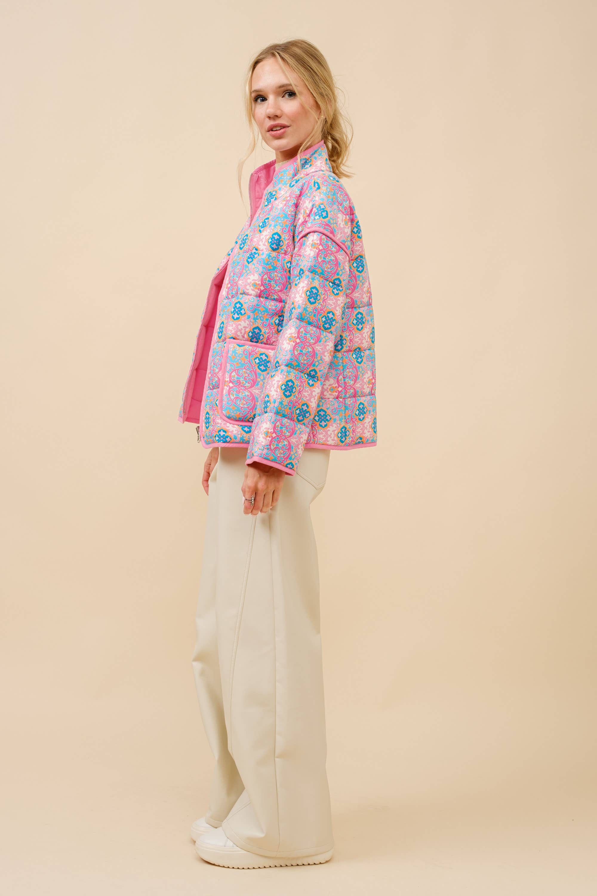 PINK BLUE 35044J - Rayon Challis Floral Reversible Quilted Jacket for wholesale on Faire5