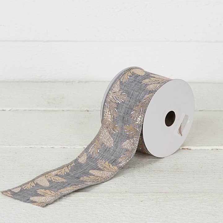 Holiday Depot Inc. - Wholesale Ribbon - Gift Wrapping - R32927-Wired Ribbon-Gray Burlap w. golden pinecones (2.5inW)