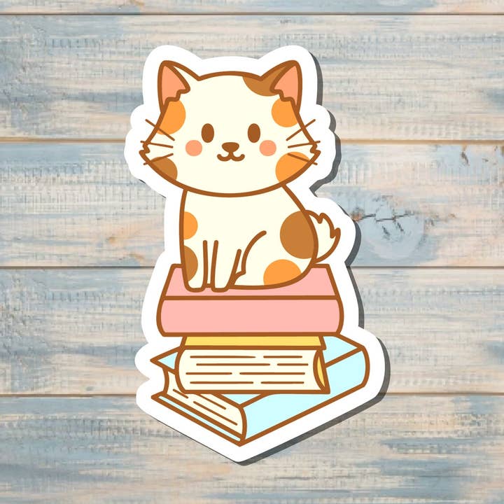 Cute Cat on Books Sticker |Sticker or Magnet for wholesale by Handmade by Marlayna