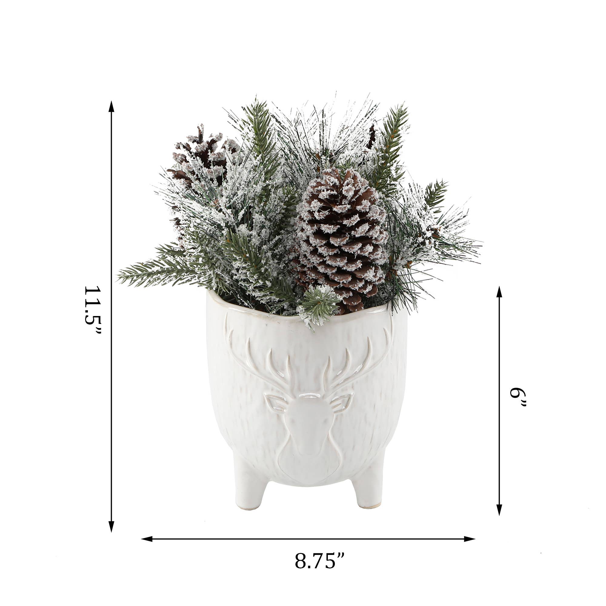 Flora Bunda Inc - Wholesale Ornament - Reindeer Winter Pine Arrangement in Ceramic Footed Pot1