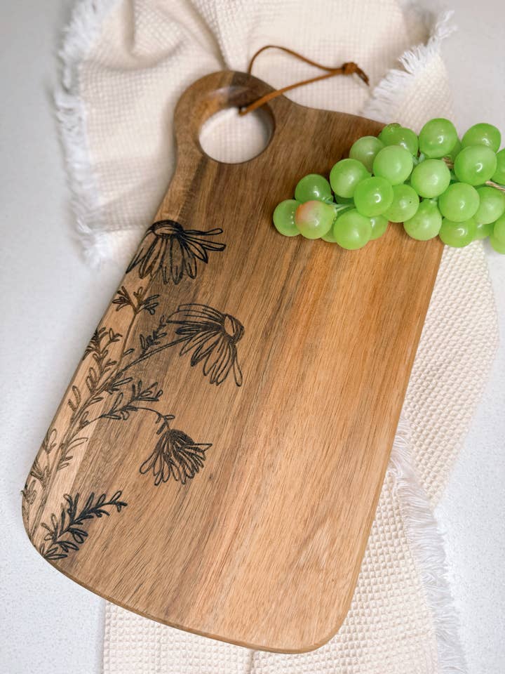 Floral Laser Engraved Bread Board with Handle for wholesale by Timeless Engraving Co.