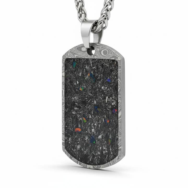 Damascus Steel Meteorite & Fire Opal Pendant for wholesale by Natural Evolution Design