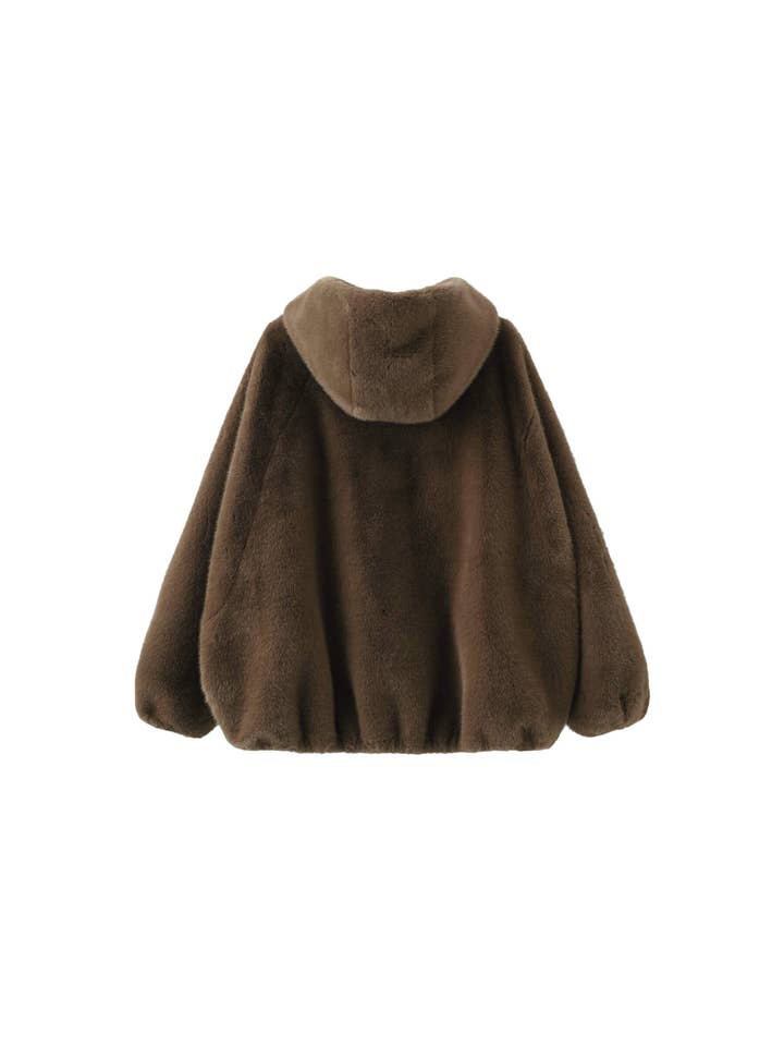 Brown Faux Fur Zip-Up Jacket With Hood for wholesale on Faire7