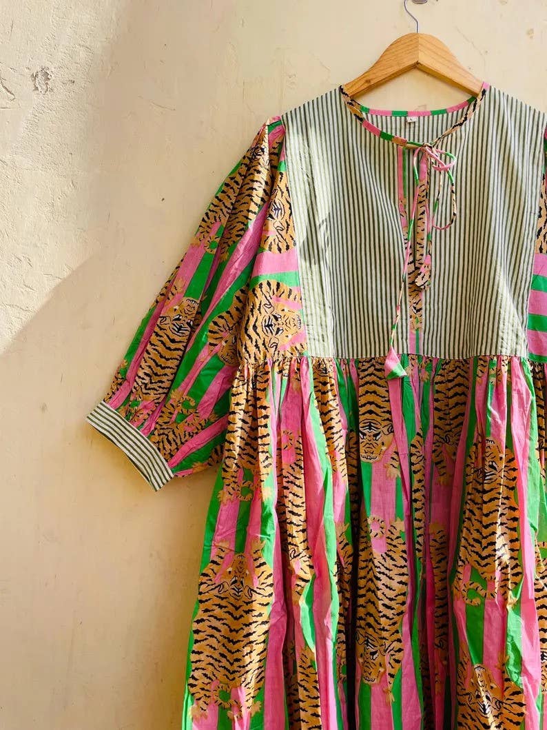 GYPSY STUDIO - Wholesale Dress - Women's - Tiger Print Long Block Print Dress Stripe Prints Neck Line1