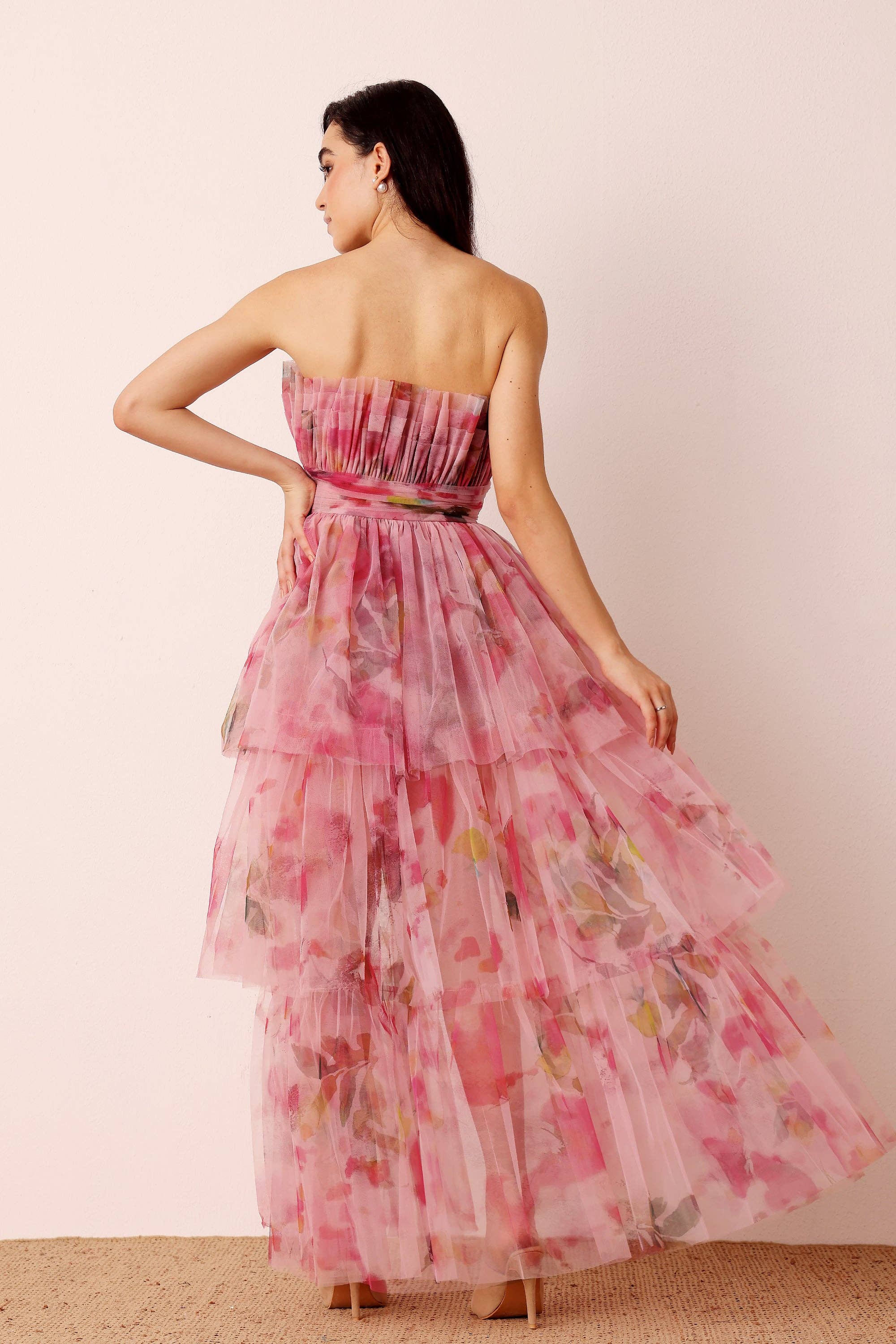 Natalia Tulle Maxi Dress in Vivid Pink Purple Floral for wholesale on Faire2