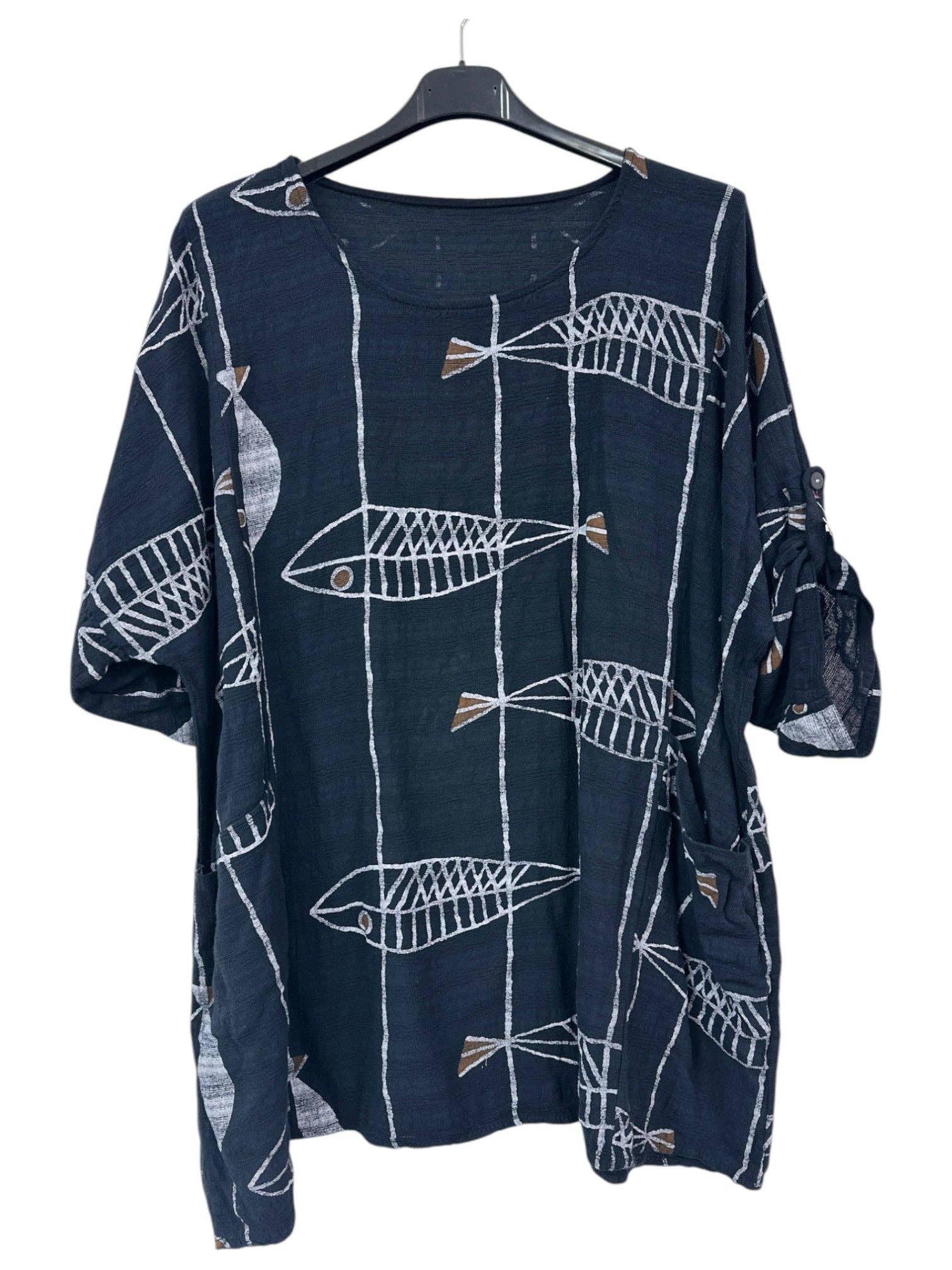 Miss Bold - Wholesale Blouse - Women's - Italian Crinkle Cotton Fish Print Top with Pockets & Turn-Up Sleeves1