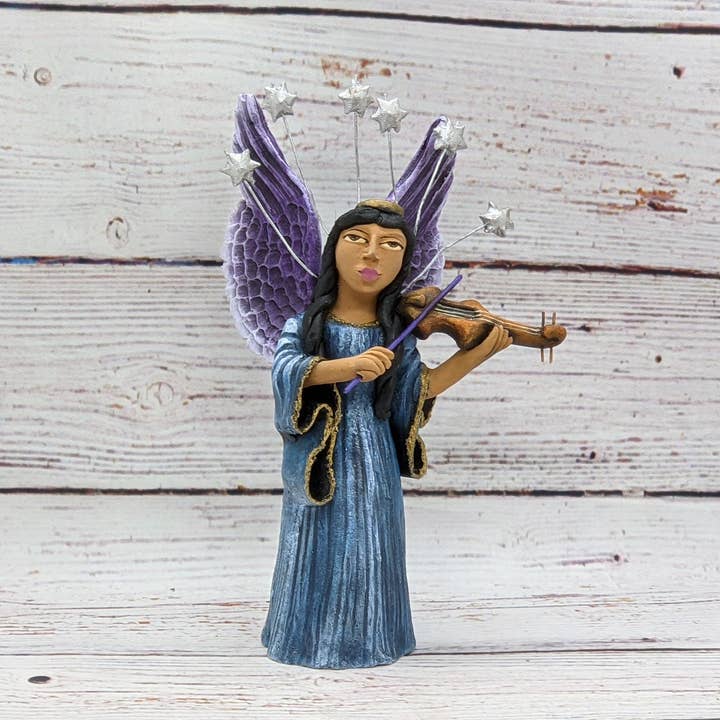 Anjo Violinista | Estátua Artesanal Arte Folclórica Mexicana Original por atacado de LUV2BRD