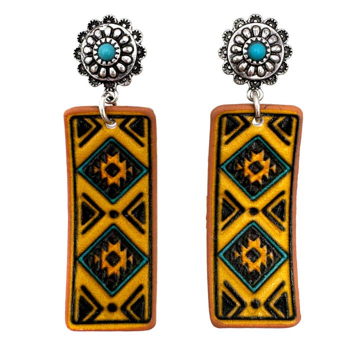 Tooled Leather Western Banner Native Pattern Earrings for wholesale by Lunar Deer