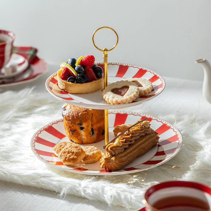 Red Carousel Stripes Fine Porcelain 2-Tier 10.5" Server for wholesale by Grace Teaware