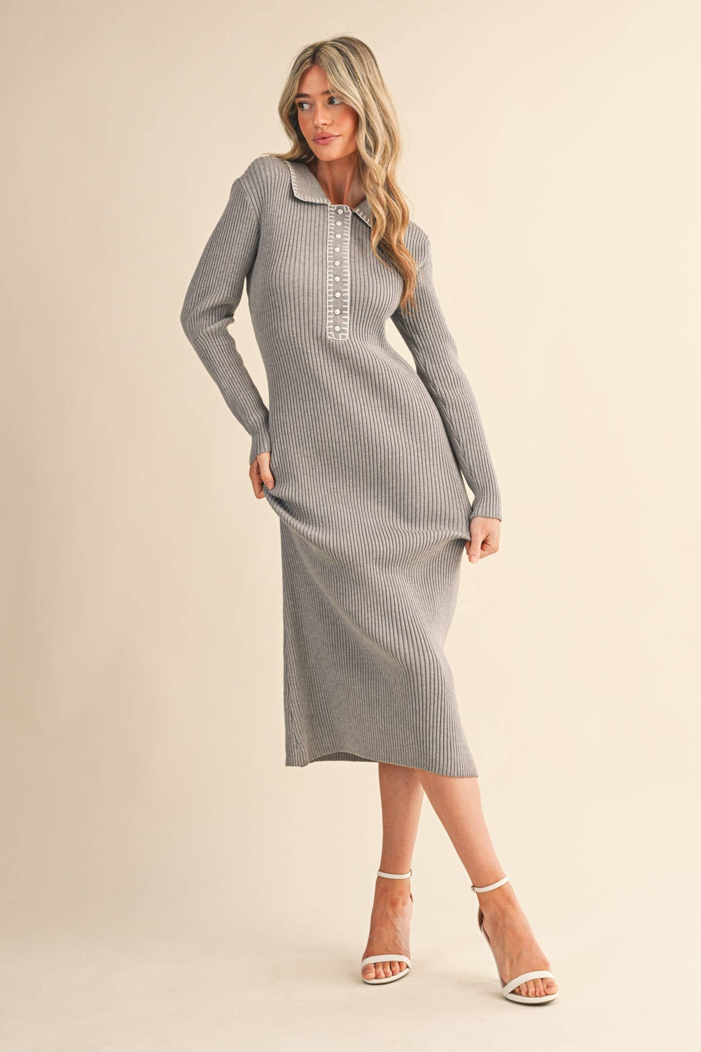 &MERCI - Wholesale Dress - Women's - RIBBED SWEATER MIDI DRESS WITH CONTRAST STITCH MSW1123223