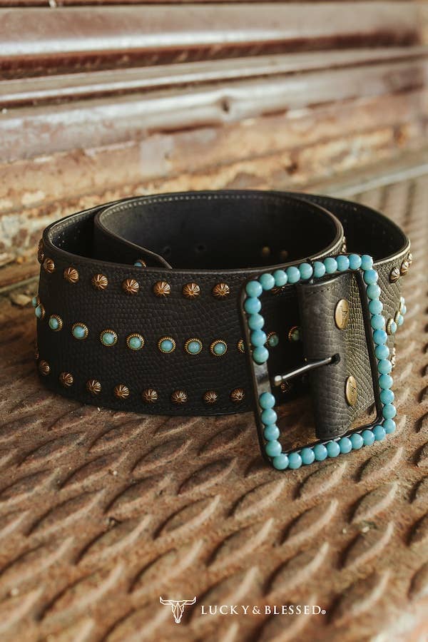 LUCKY & BLESSED - Wholesale Belt - Women's - Black Turquoise Stone Genuine Leather Wide Belt1