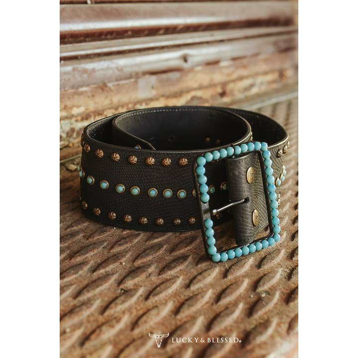 LUCKY & BLESSED - Wholesale Belt - Women's - Black Turquoise Stone Genuine Leather Wide Belt1