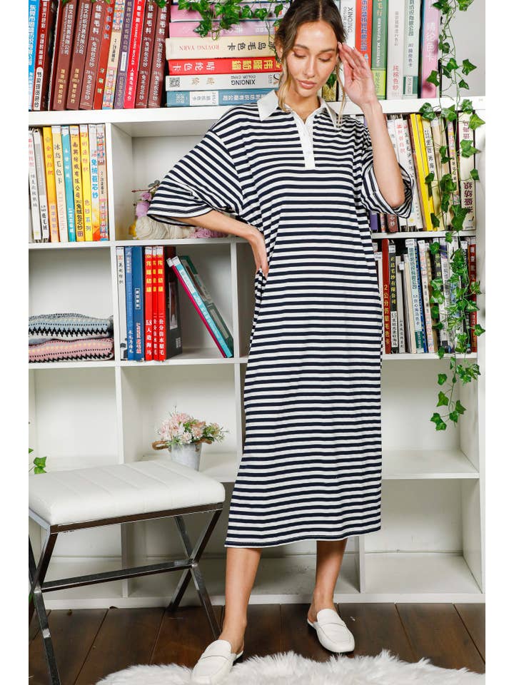 Navy Collared Drop Shoulder Striped Printed Polo Dress VD82307 for wholesale on Faire18