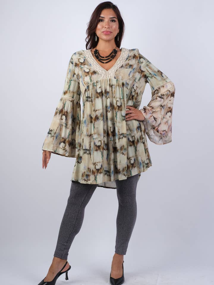 Abstract Camel Tunic with Flared Sleeves for wholesale by Sacred Threads