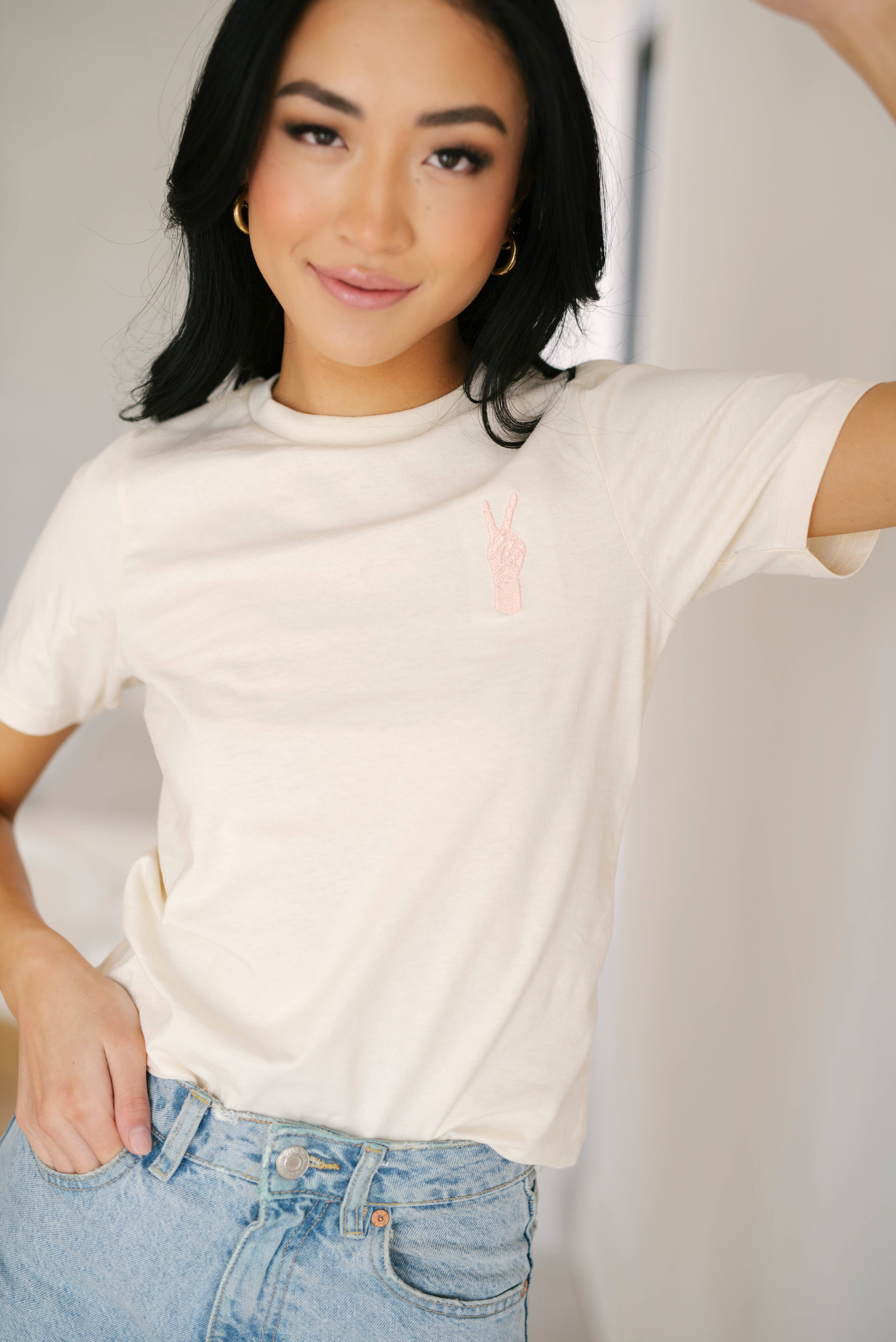 Rose Dust Peace Hand Embroidered T-Shirt, Womens Shirt, Chainstitch for wholesale on Faire4