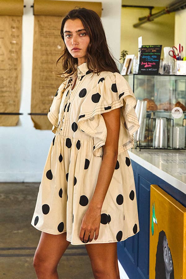 BUCKETLIST INC - Wholesale Dress - Women's - ID4283 Ruffle Sleeve Pintuck Detail Polka Dot Mini Dress5
