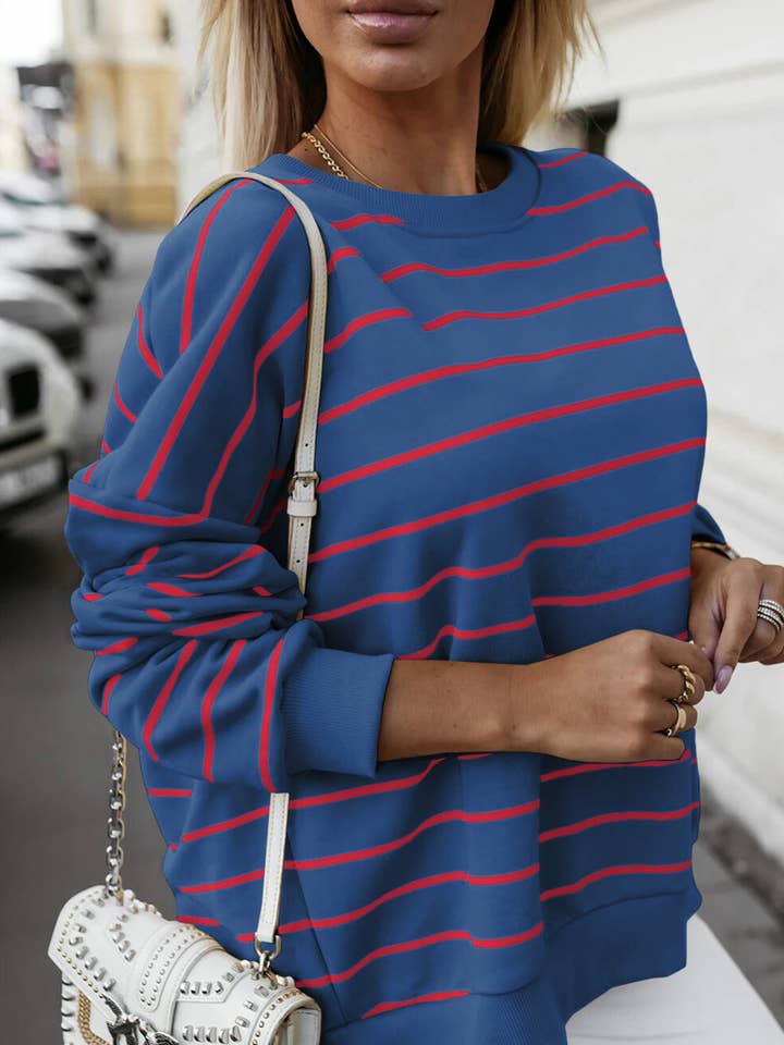 Blue Stripe Stylish Overlap Detail Drop Shoulder Pullover Sweatshirt for wholesale by Lovesoft