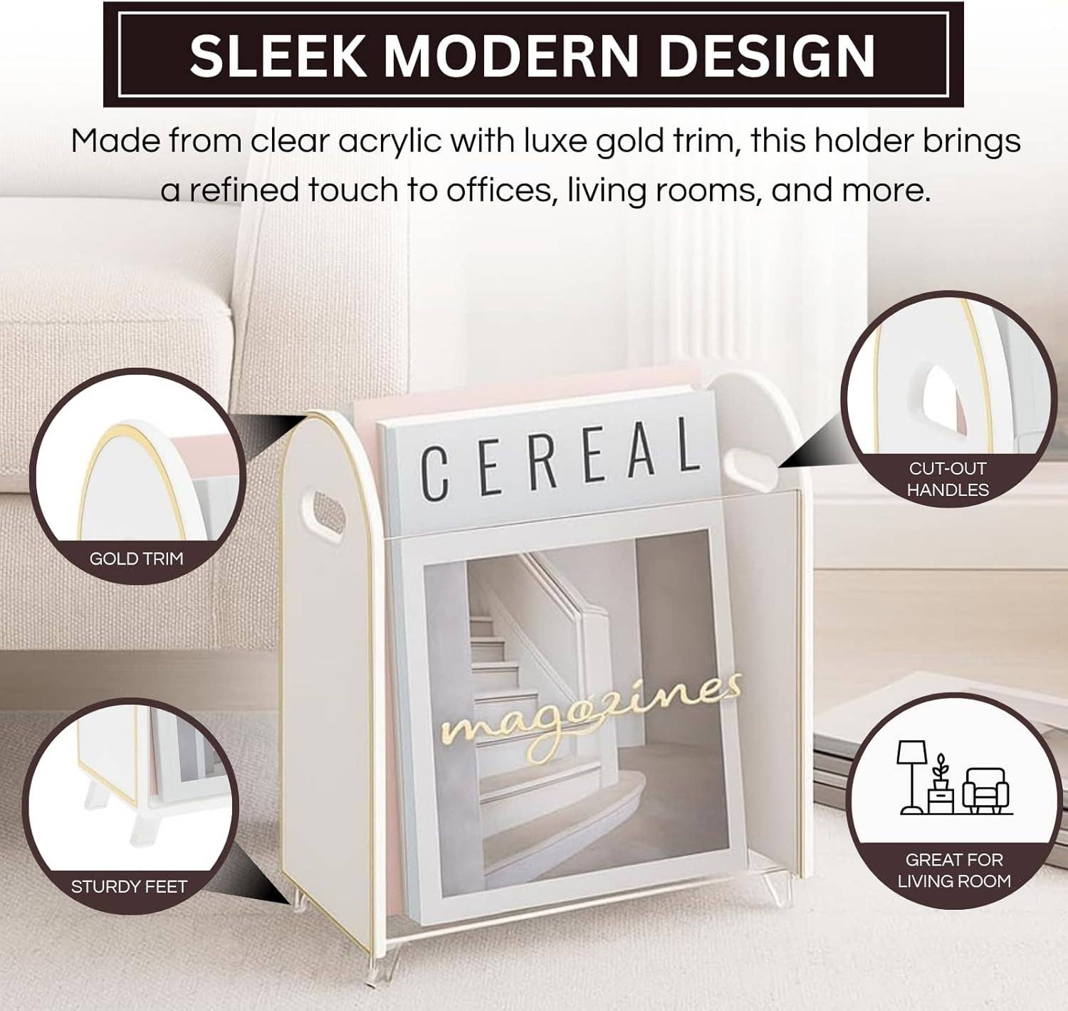 The Wine Savant /  Khen Glassware – wholesale Magazine rack – Acrylic Magazine Holder with Gold Trim, Clear 3