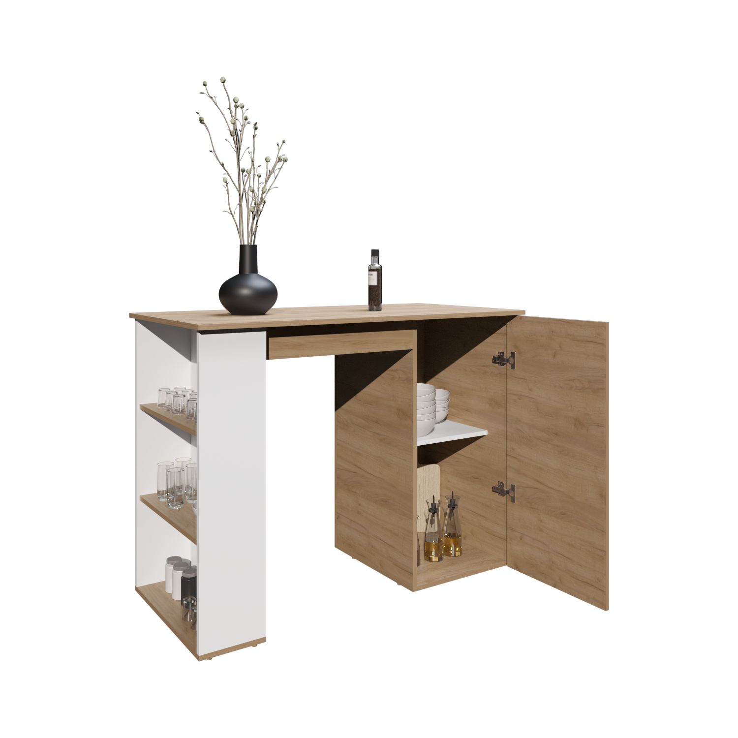 Blanc - Chêne Naturel Îlot de cuisine Allen avec étagères externes, blanc et chêne naturel en vente sur Faire10