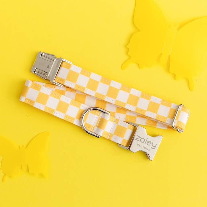 Hondenhalsband met gele en witte ruitjes voor wholesale door Zaley Designs