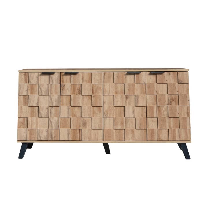 Buffet vintage textured oak look 3D square front 4 doors and adjustable shelves 150×35×78cm LYSOGEN for wholesale by Urban Meuble UK