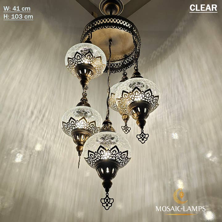 Mosaic Lamps – wholesale Chandelier/hanging light – Clear Cracked Ottoman Chandelier, 5 Globe Moroccan Chandelie4