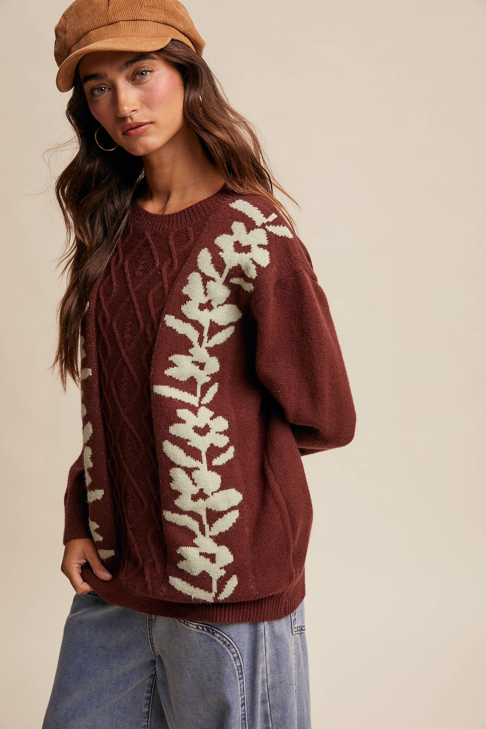 Listicle - Wholesale Knit Sweater - Women's - Floral Panel Cable Knit Sweater (LSW0880)15