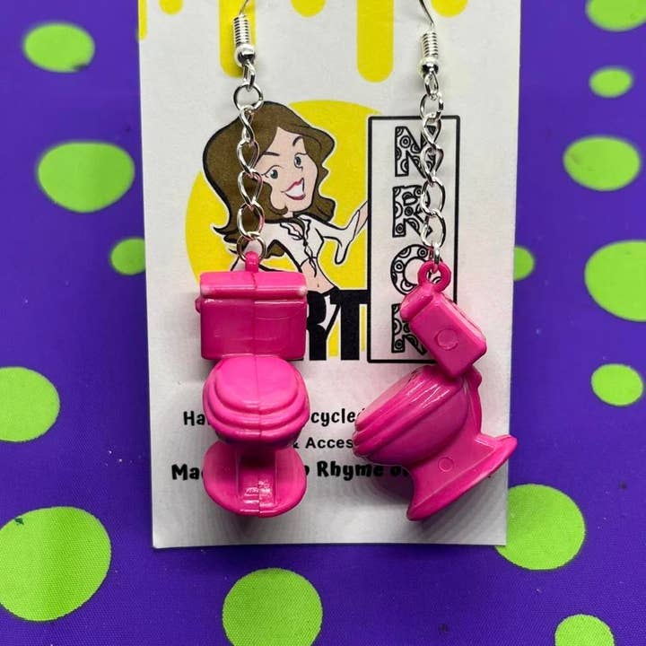 NO RHYME OR REASON ART - Wholesale Dangle Earrings - Toilet Earrings - Bubble Gum Pink - 80s Vintage Upcycled1