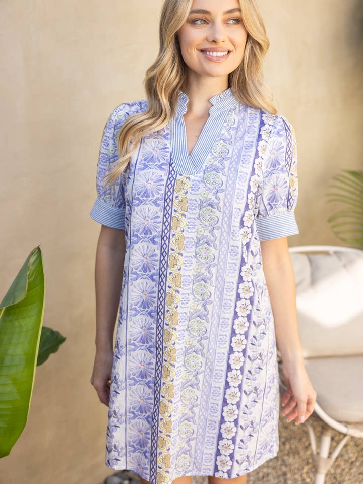 36255 Striped Band Detailed Floral Print Embroidered Dress for wholesale by VOY