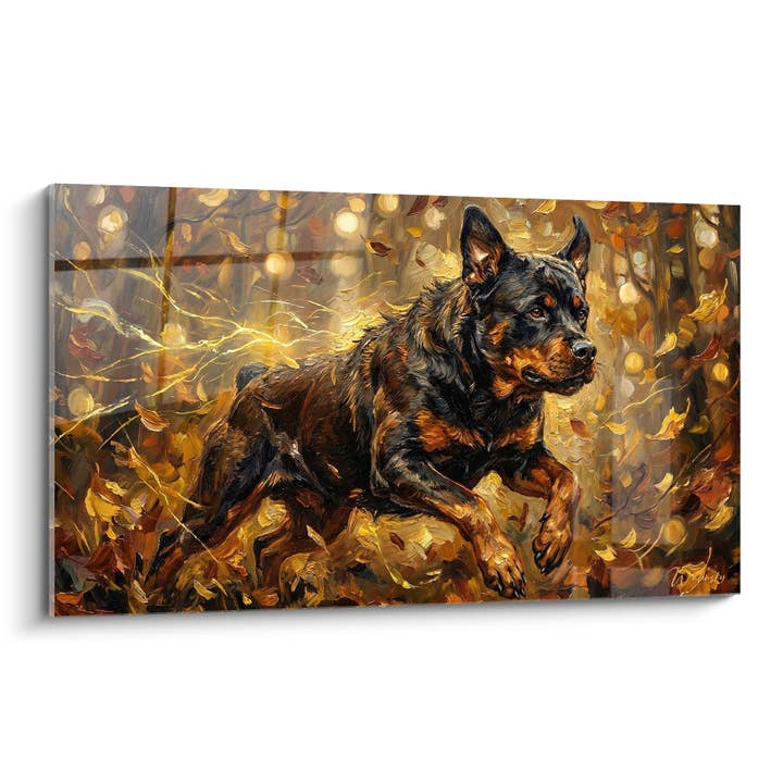 Tableau Rottweiler aux Tons Dorés dans les Feuilles d'Automne - Majesté Automnale - Edition Rottweiler pour la vente par Walensky