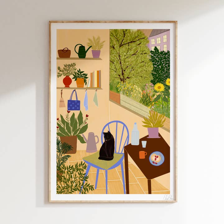 Patio Dreams Art Print | Black Cat Wall Art for wholesale by Elsa Eleni