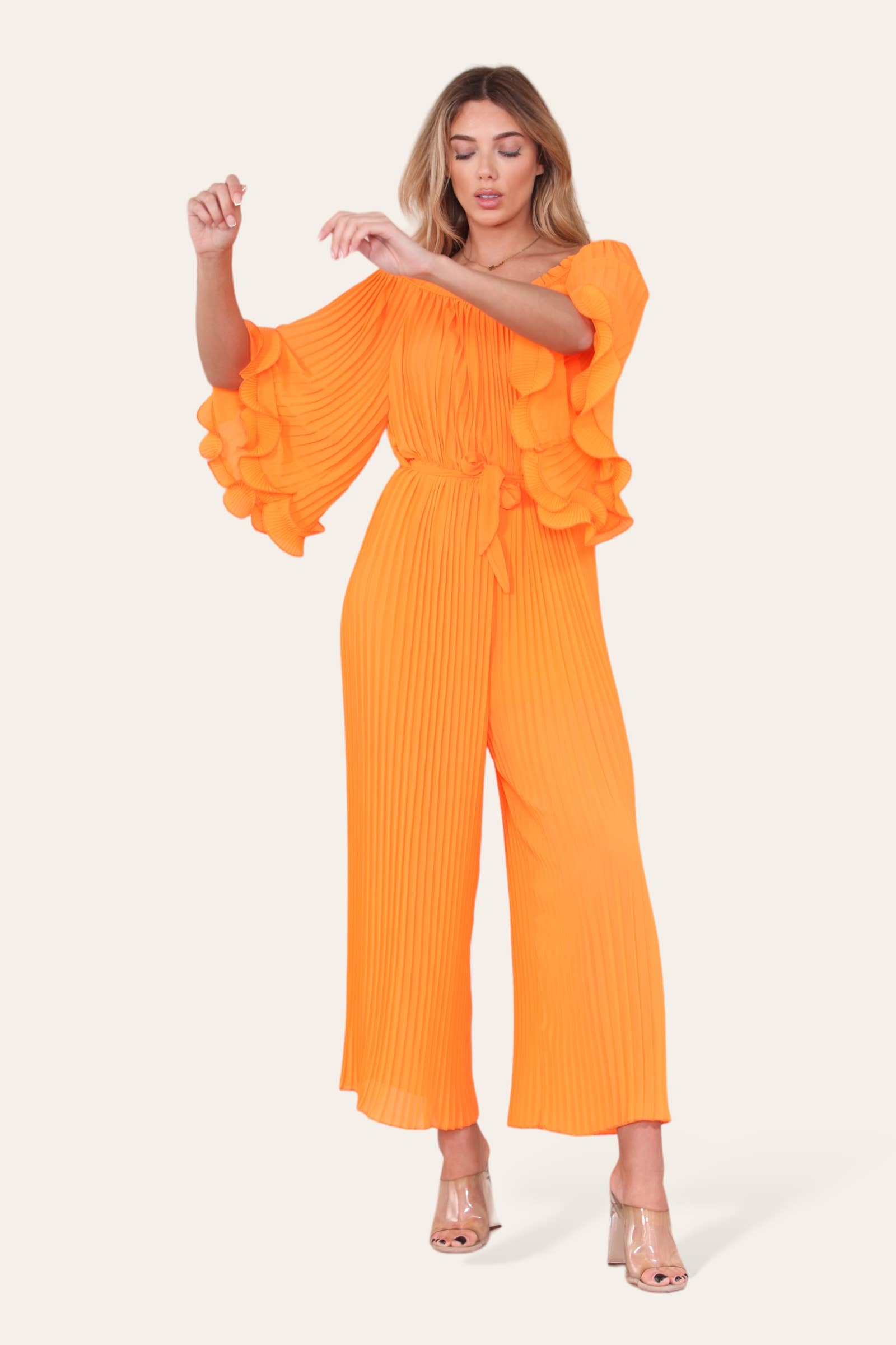 WHITE Sofia Bardot Pleated Frill Jumpsuit for wholesale on Faire33