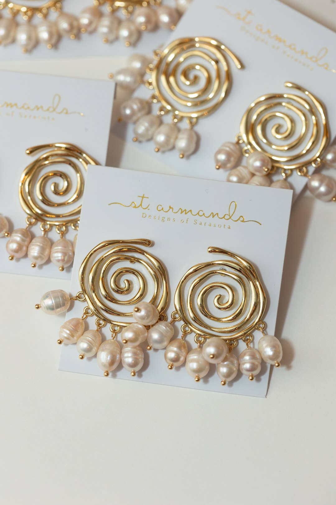 St Armands Designs of Sarasota - Wholesale Dangle Earrings - Golden Swirl Genuine Pearl Drop Statement Earrings 2