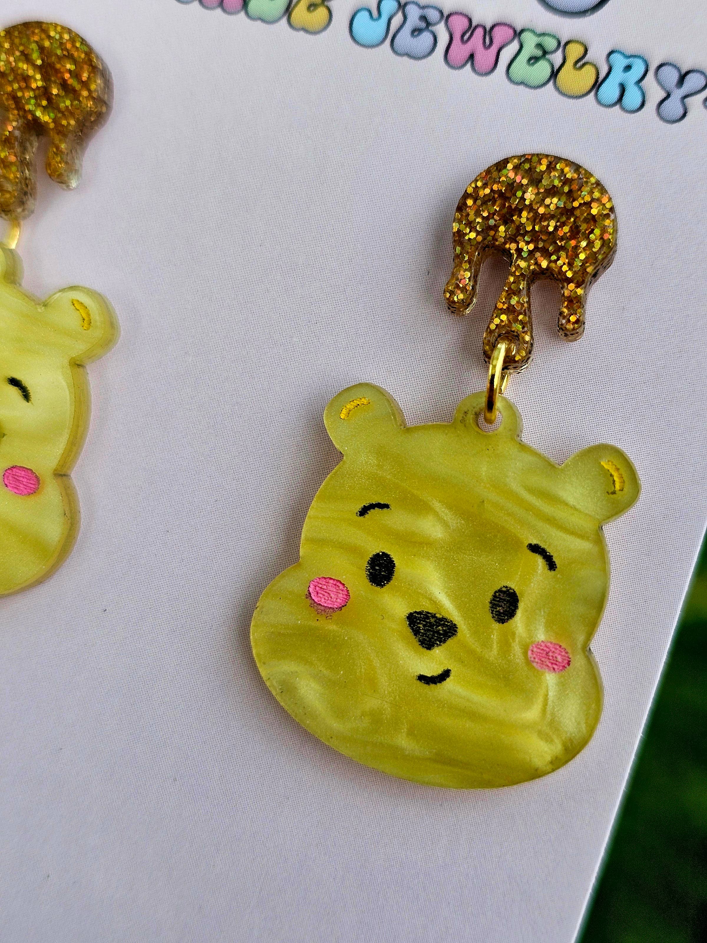 Jedi Woods LLC - Wholesale Dangle Earrings - Pooh Bear Earrings with Golden Hunny Topper4