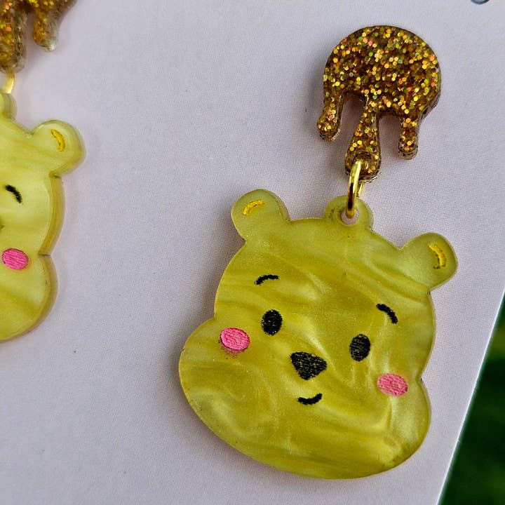 Jedi Woods LLC - Wholesale Dangle Earrings - Pooh Bear Earrings with Golden Hunny Topper4