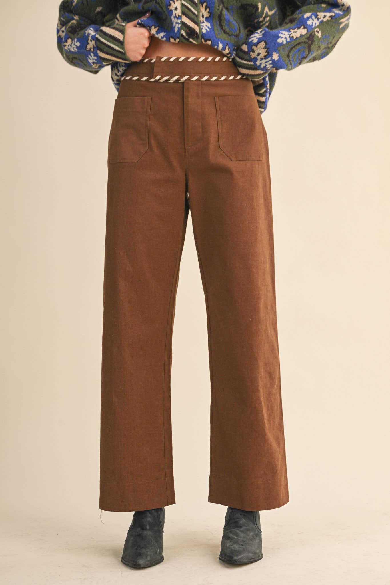 &MERCI - Wholesale Pants - Women's - HIGH WAIST WIDE LEG PANTS WITH WHIP STITCH TRIM MP421815