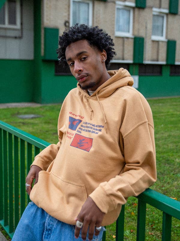 Hoodie in Old Gold With Raving Definition Print for wholesale by Dream But Do Not Sleep