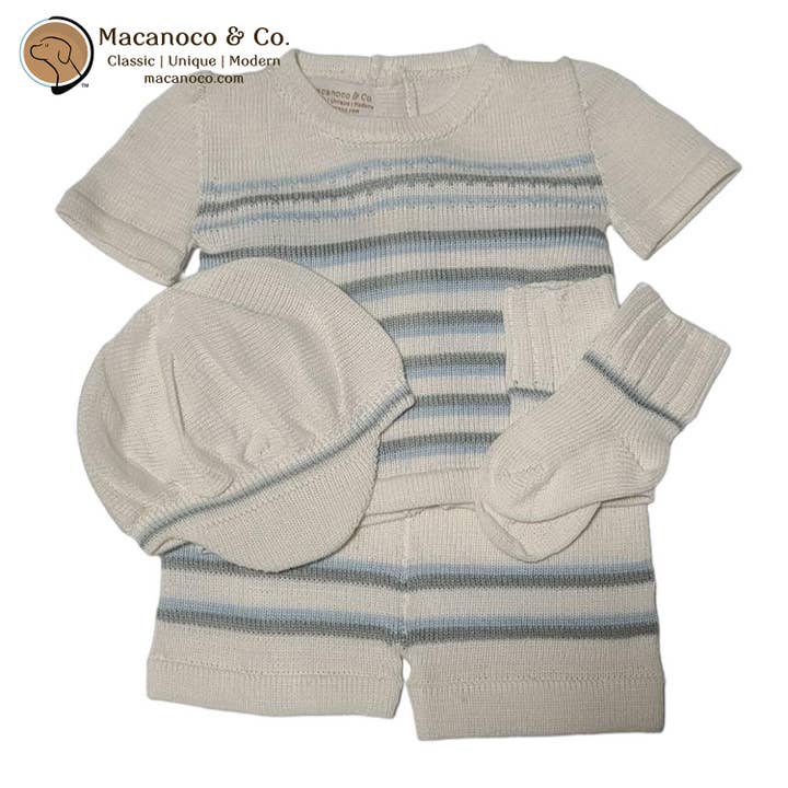 Conjunto Malha 4 Peças Amendoim - Riscas Cinza/Azul por atacado de Macanoco and Co.