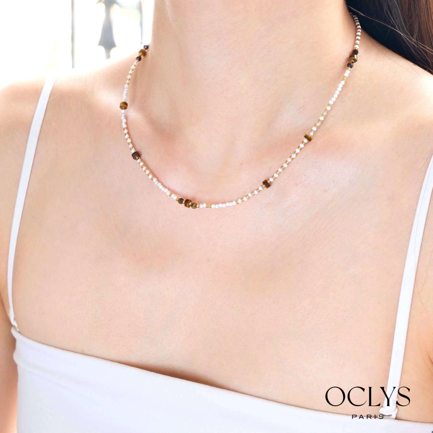 Oclys - Wholesale Beaded/Pearl Necklace - White natural stone necklace with gold stainless steel Vivi0