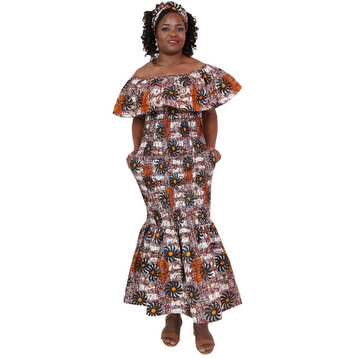 African Stars - Wholesale Dress - Women's - Women's Printed Smocking Off Shoulder Mermaid Dress - FI-P5007719