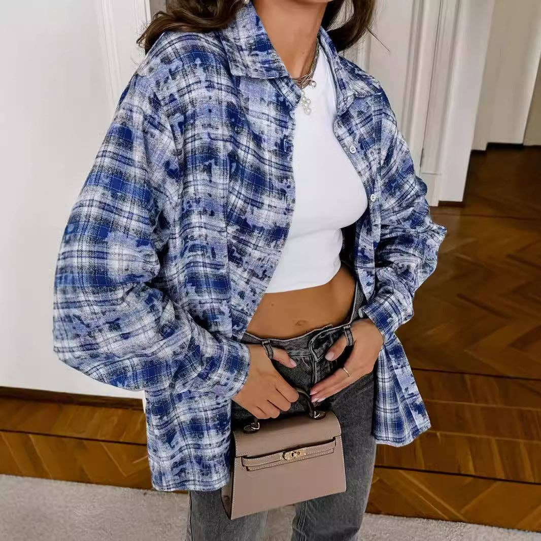 Dipped Shop - Wholesale Button Down Shirt - Women's - Vintage Plaid Long Sleeve Loose Shirt DP25E5582