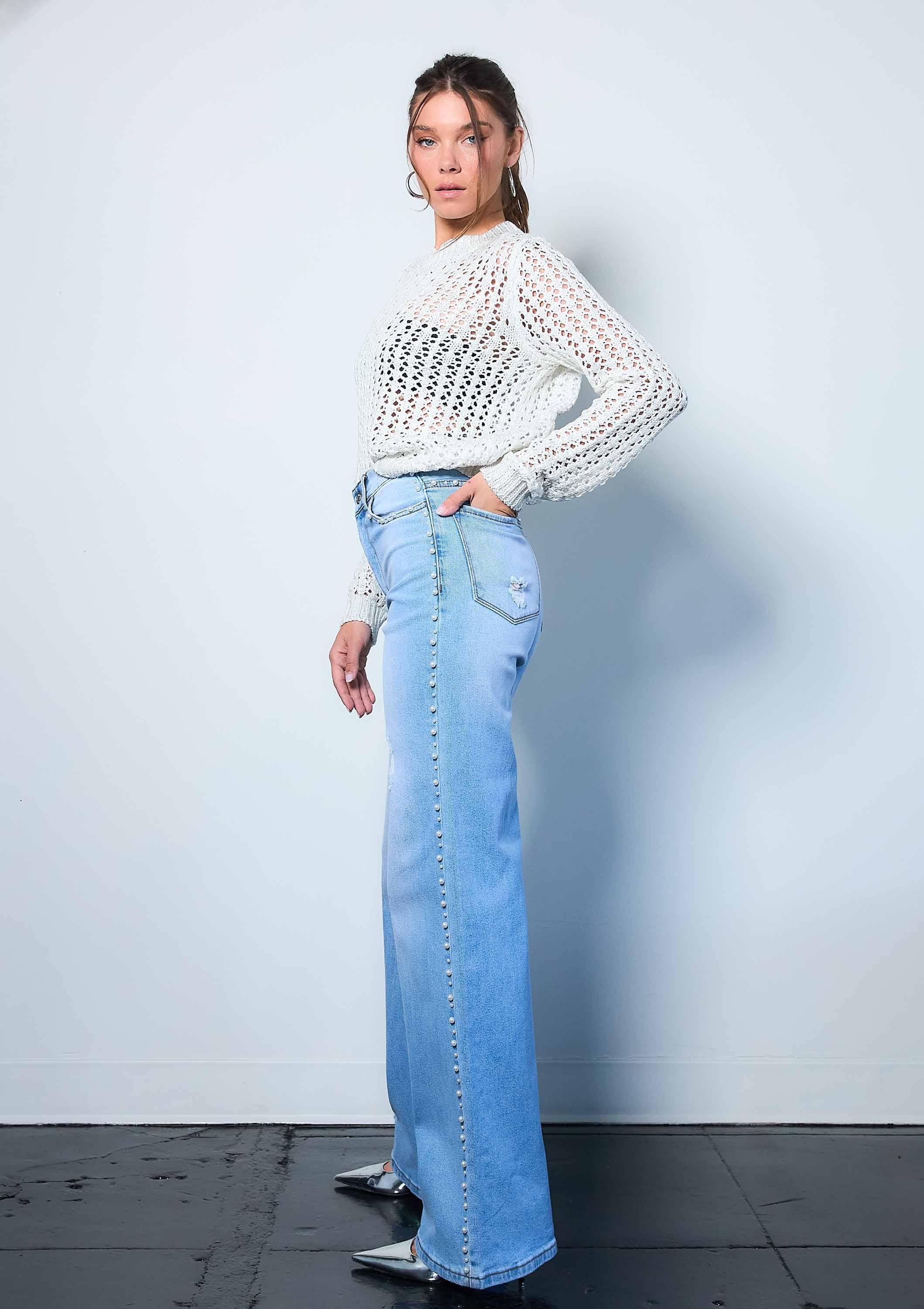 Light Stone Pearl High-Rise Wide Leg Jeans for wholesale on Faire4