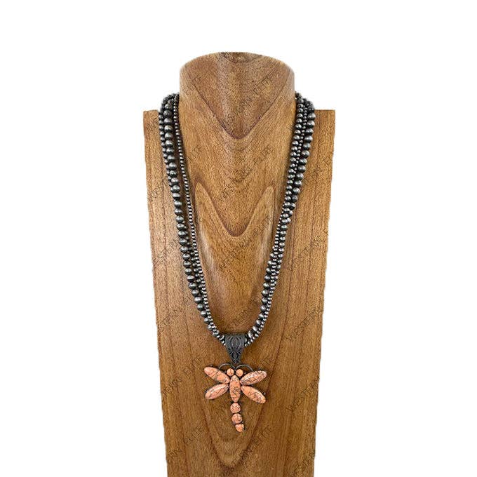NKY251231-19 24'' dreifache silberne Navajo-Perlenketten mit orangefarbener Libellen-Halskette für den Großhandel von Western Elite Jewelry