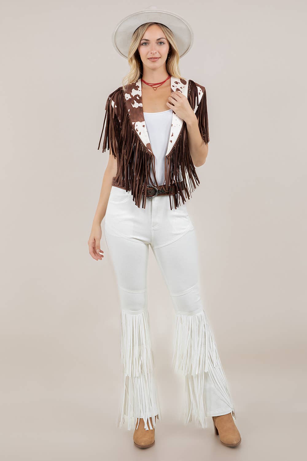 Saints & Hearts - Wholesale Outerwear Vest - Women's - SIJ5247B COW PRNT TRENDY WESTERN FRINGE SUEDE COLLAR / SHRUG5