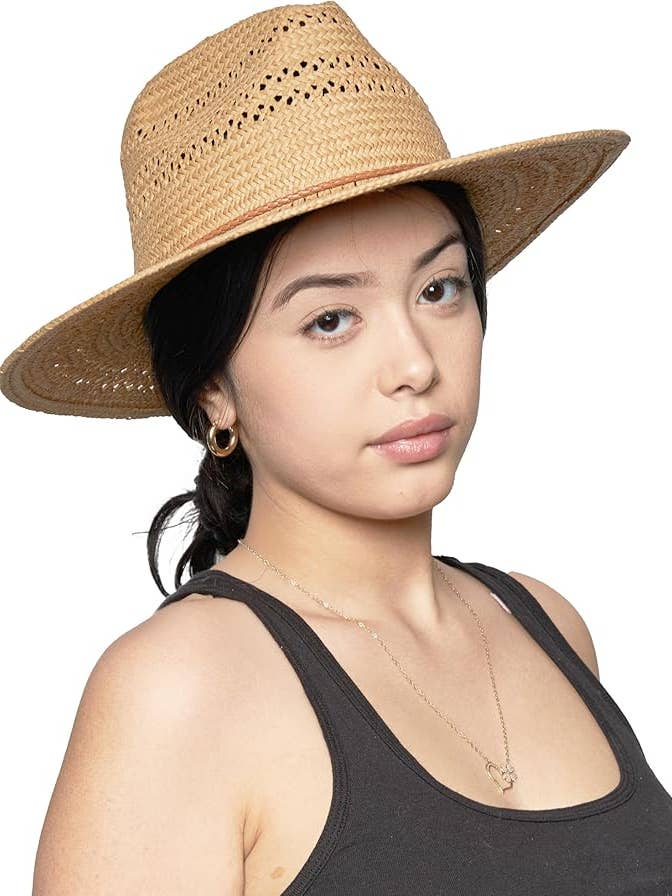 Open Weave Straw Panama Sun Hat - Toast for wholesale by Funky Junque