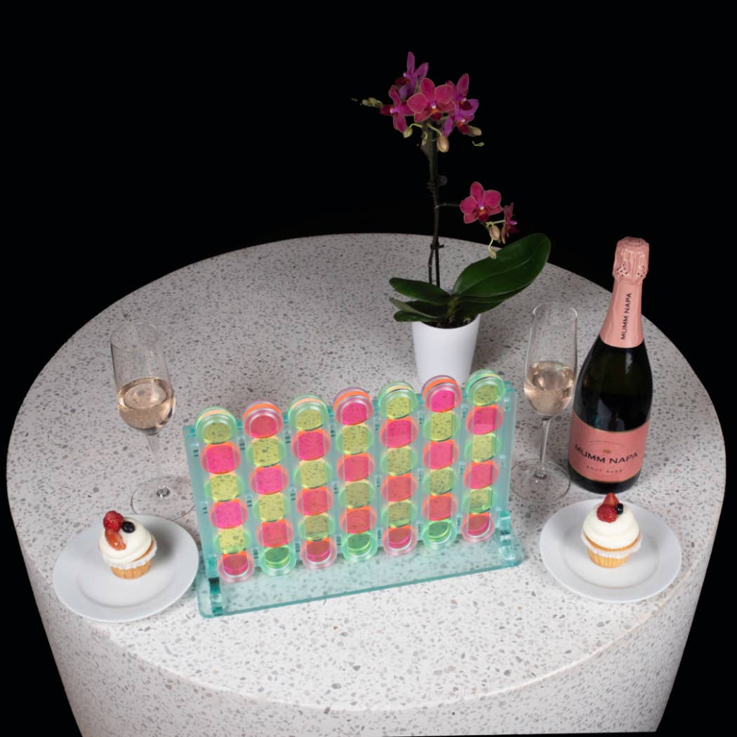 Design2Rave LLC - Wholesale Board Game - Acrylic Four In A Row Game - Seafoam Green with Fluorescent Pink and Yellow Game Pieces7