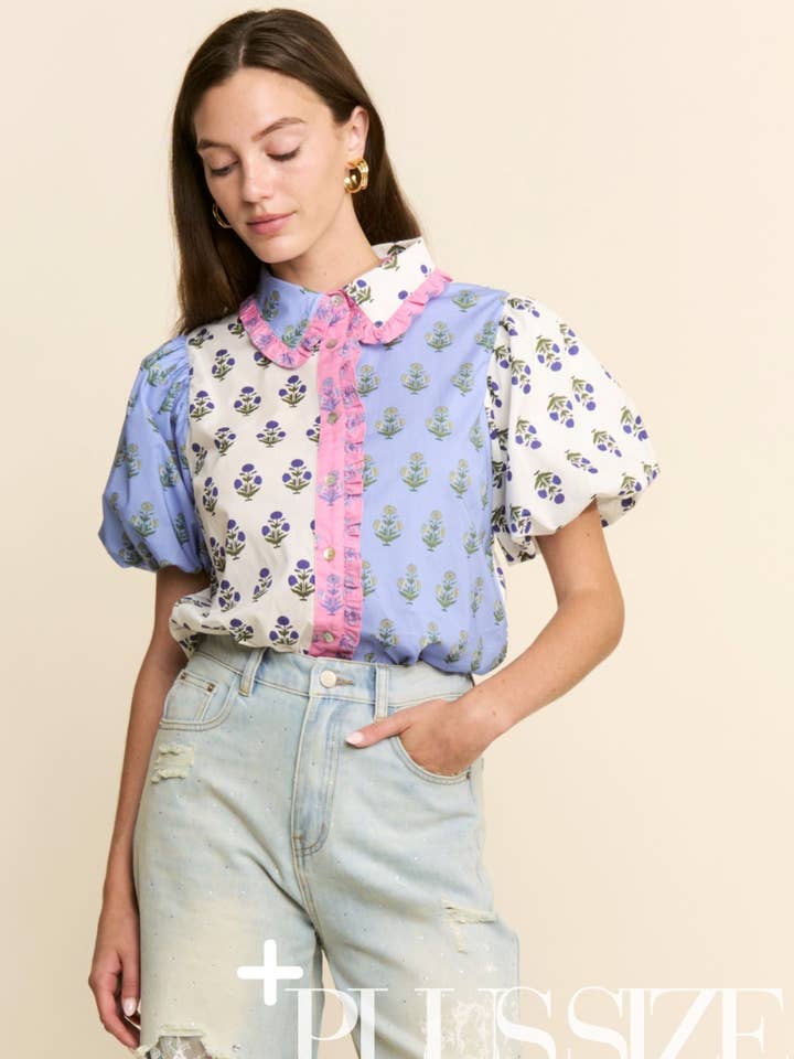 Mixed-Print Puff Sleeve Blouse for wholesale by J.NNA