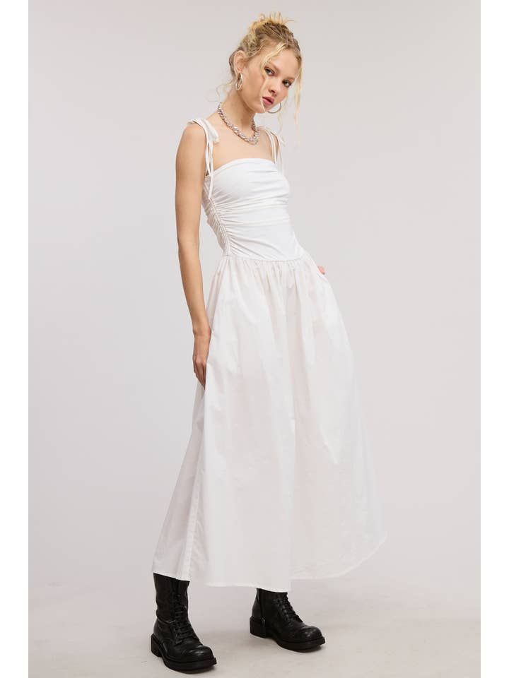 Mimosa - Vente Robe – femme - Robe midi évasée à corsage froncé avec bretelles en ruban4