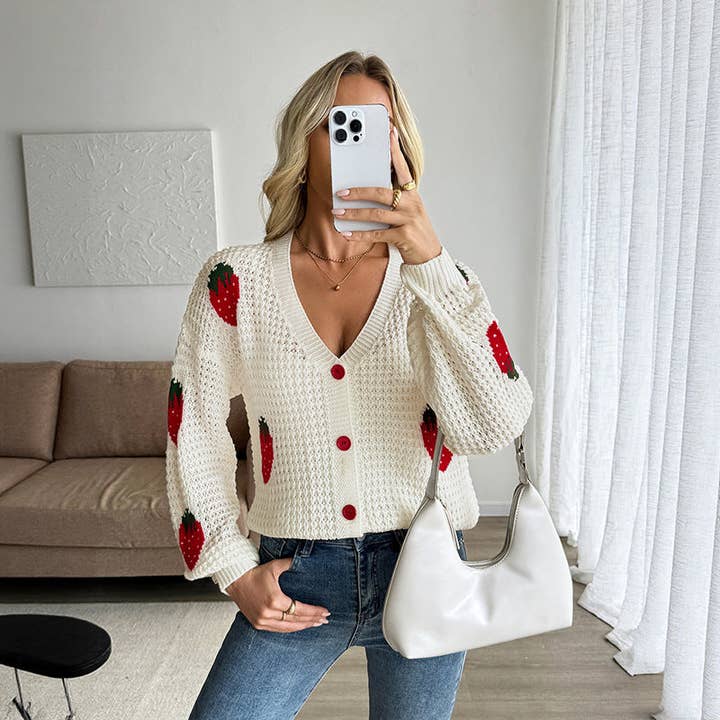 Off white Casual Strawberry Knit Cardigan V-Neck Button Sweater for wholesale on Faire