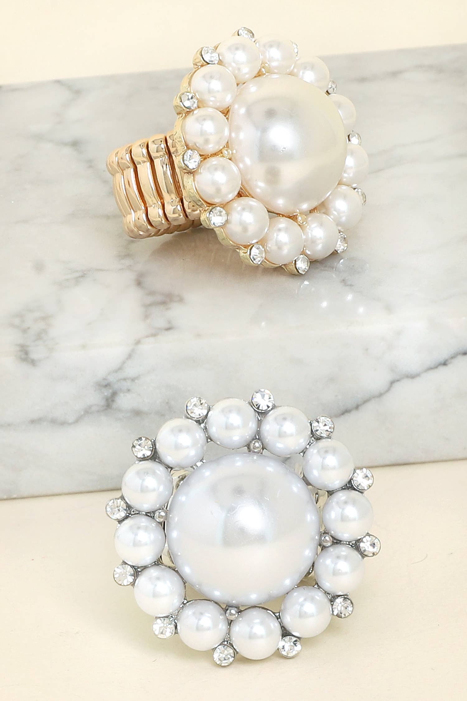 SP Sophia Collection - Wholesale Cocktail/Statement Ring - Vintage Crystal & Pearl Statement Stretch Ring1